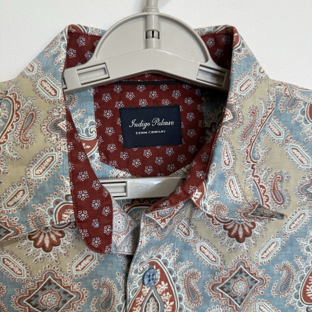 Indigo Palms Shirt Mens Large Maroon Blue Khaki Button Down Cotton Paisley - Picture 4 of 8